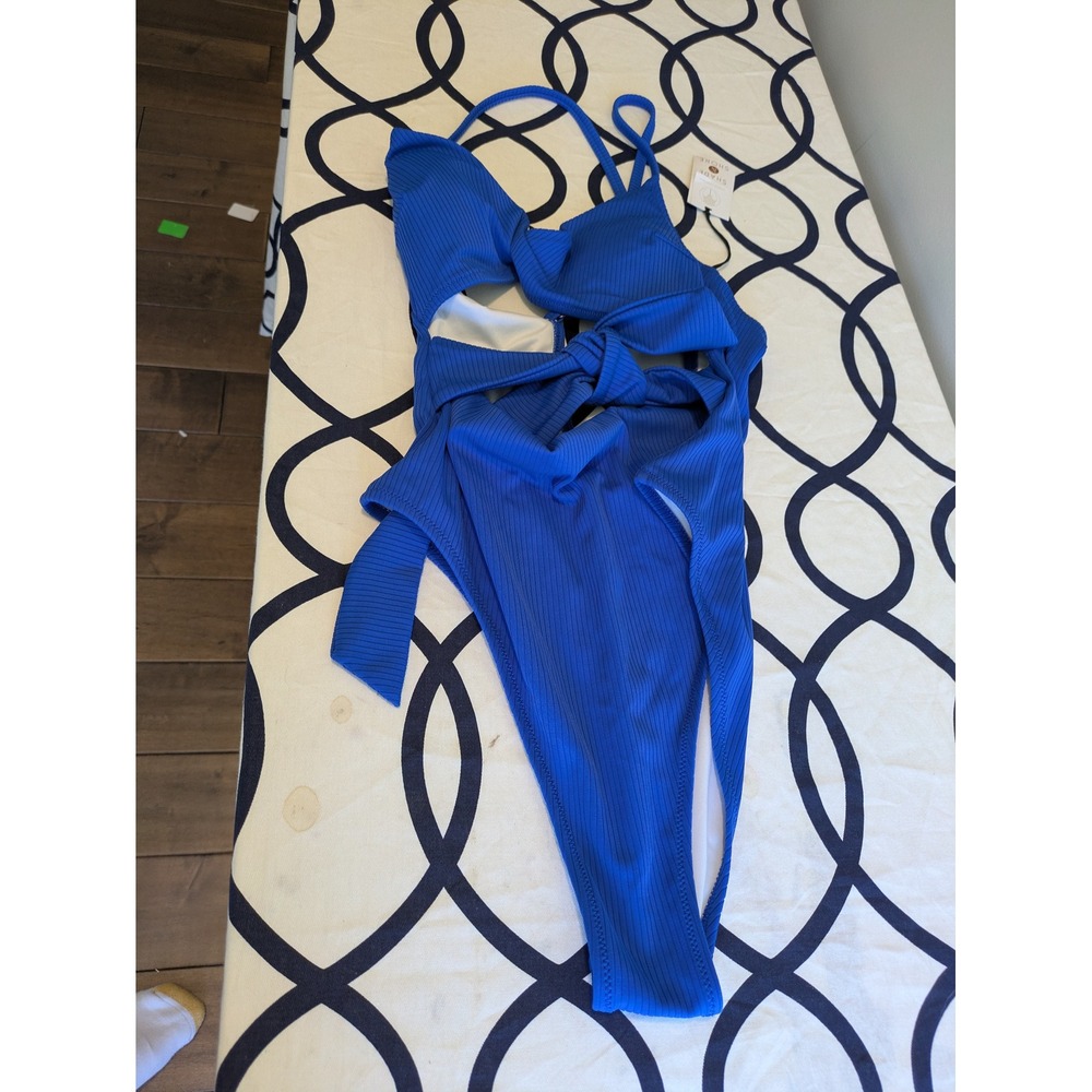 Shade & Shore Ribbed Cutout Tie Front One Piece Swimsuit Royal Blue NWT